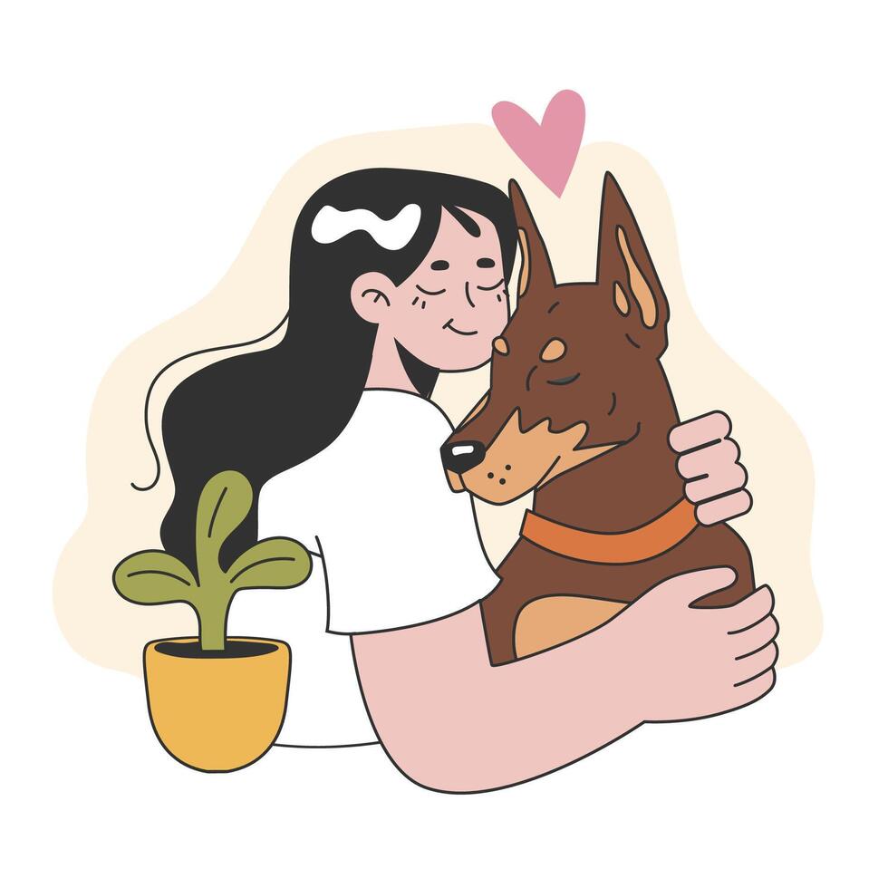 Character with a dog. Happy woman and puppy spend time together vector