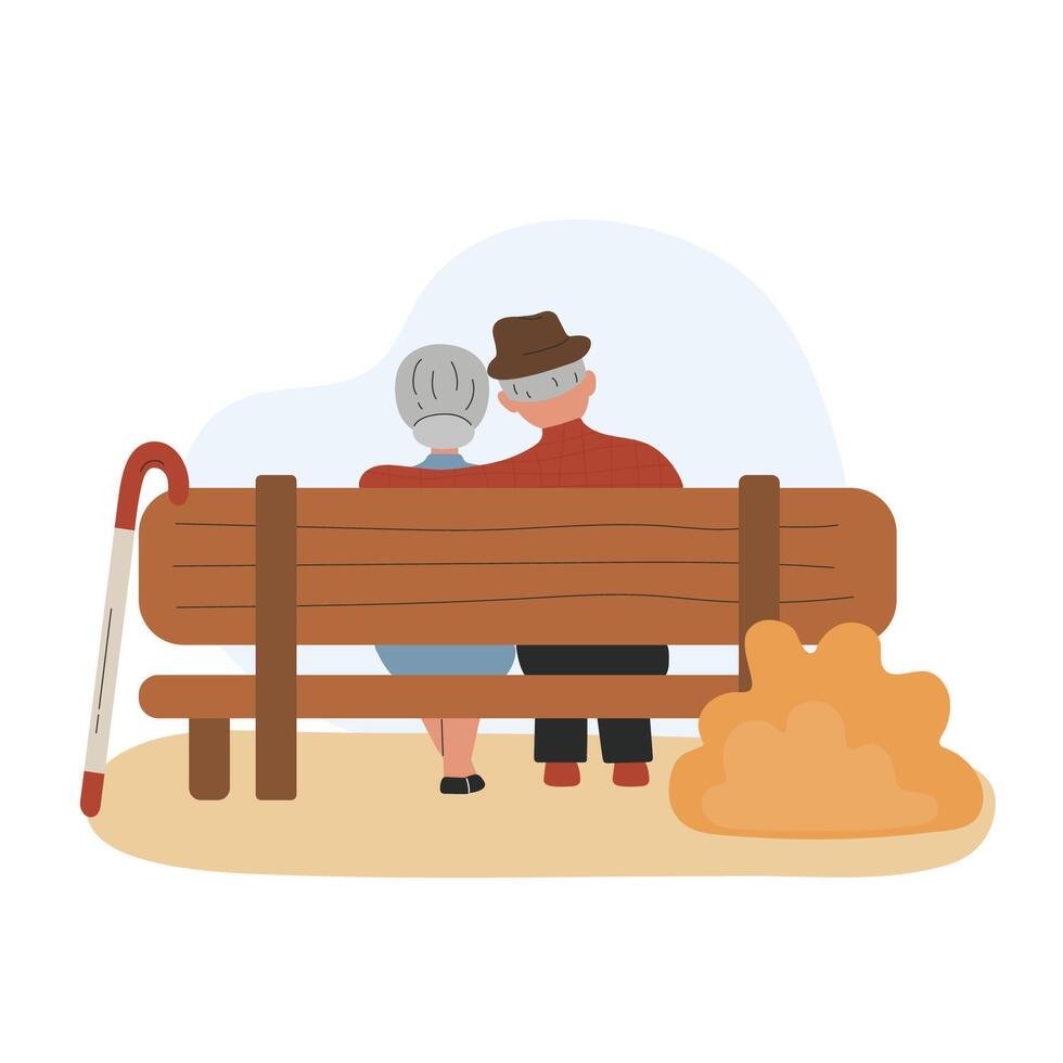 Happy senior couple sitting on bench in park vector