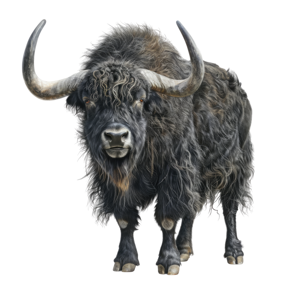 Yak with long horns full body view png