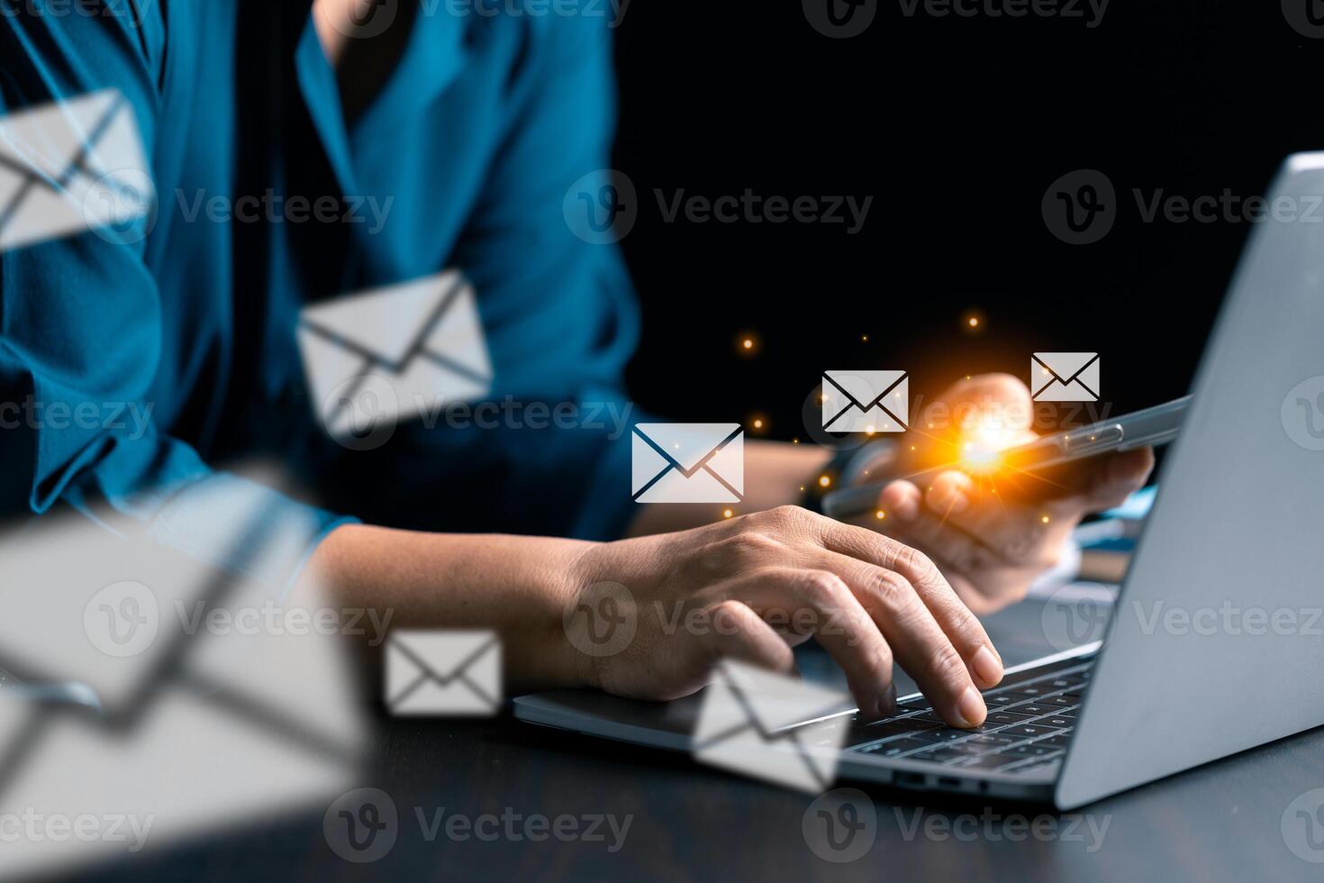 Company uses email marketing to send out engaging newsletters and promotional content through electronic mail in cyberspace, reaching customers online. email, mail, content, marketing, newsletter. photo