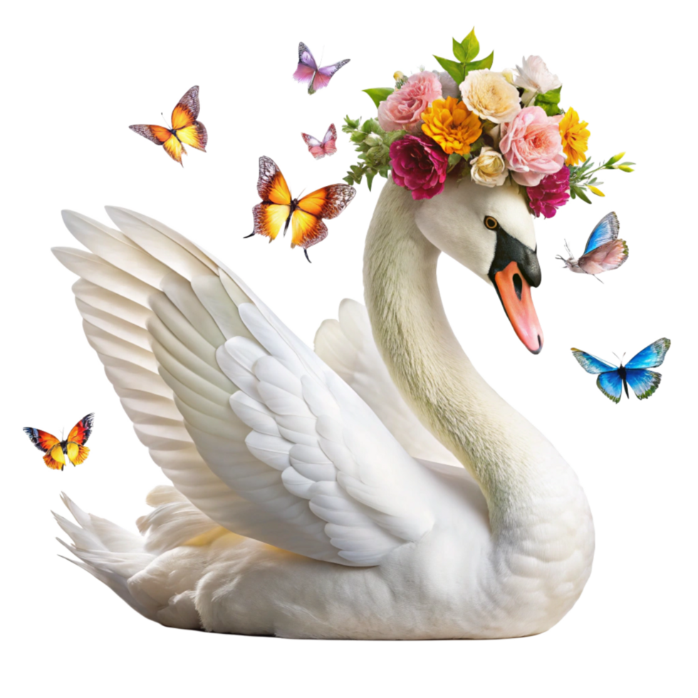 Swan with Elegant Flower Crown and Butterflies Floating png