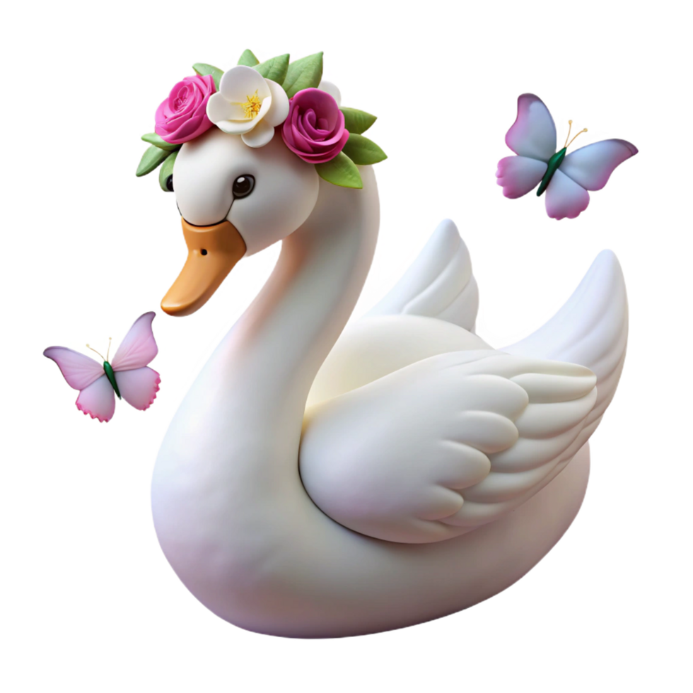 Swan with Elegant Flower Crown and Butterflies Surrounding png