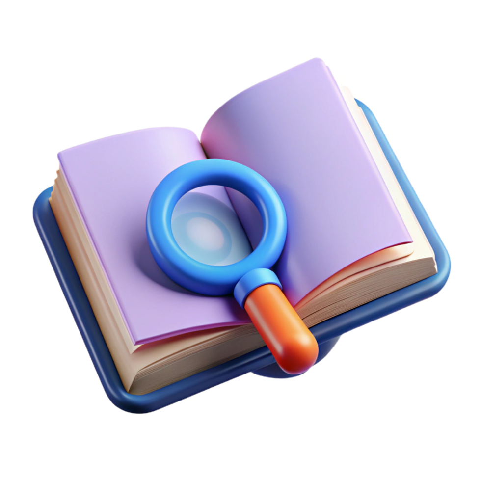 Open Book with Magnifying Glass Zooming in on Letters png