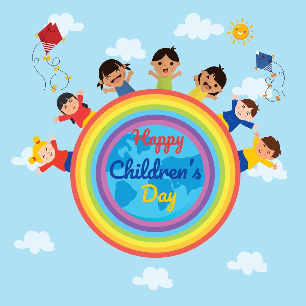 Happy children's day background greetings with happy kids flat illustration design vector