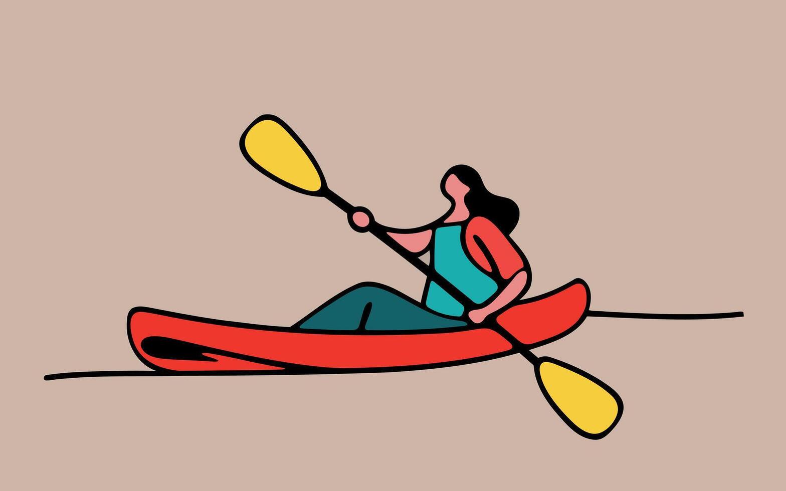 Continuous one line body positive people kayaking in positive mood. images, typography vector