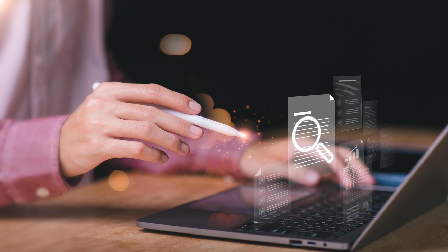 Businessman searching for business information through virtual screen,Searching for information he is interested in through online websites,keyword search ideas to find references,insight research photo