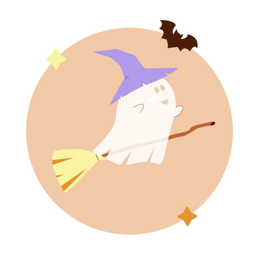 Cute ghost character in witch's hat flying in the sky on broom. Happy Halloween illustration. Spooky fun design vector