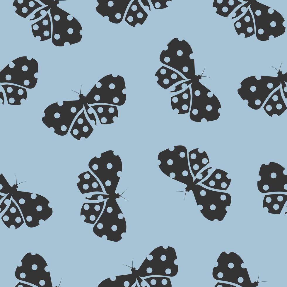 Black butterflies with polka dots. Seamless pattern on blue background. Modern design for print, textile, cover, wallpaper. vector