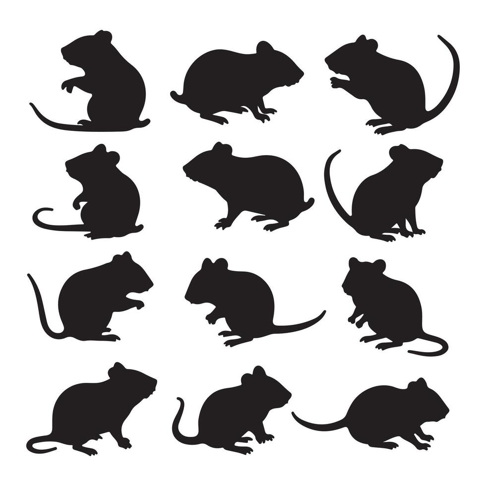 Set of black silhouettes of mice illustration vector