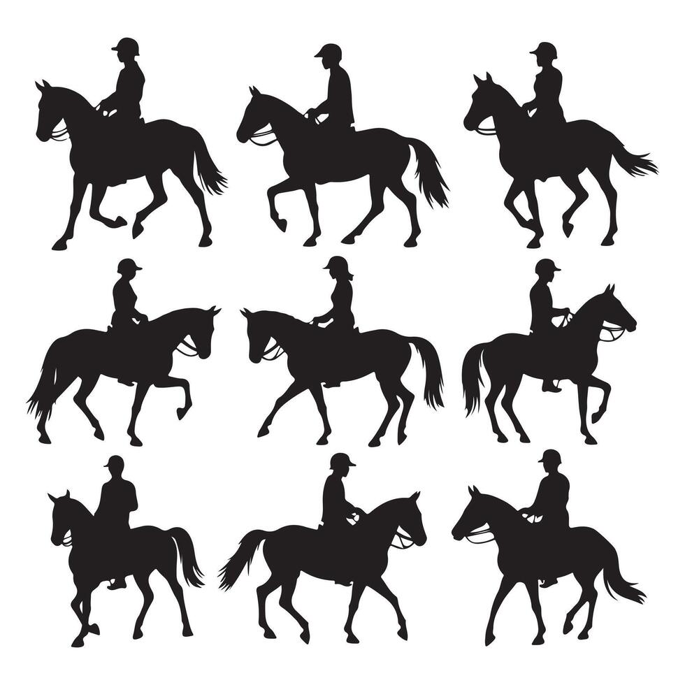 Silhouettes of people riding horses and jockeys vector