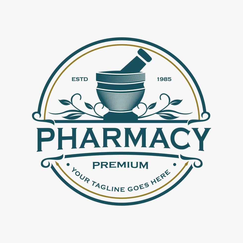 Classic Pharmacy Emblem Design with Natural Elements with Traditional Style Mashing Tool Bowl and Retro Vintage Leaf Illustration vector