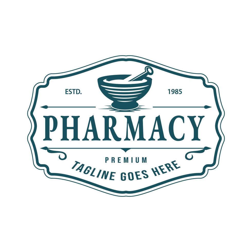 Pharmacy Label Design Classic Retro Vintage Style with Bowl and Traditional Mashing Utensil Icon Premium Pharmacy Design Illustration vector