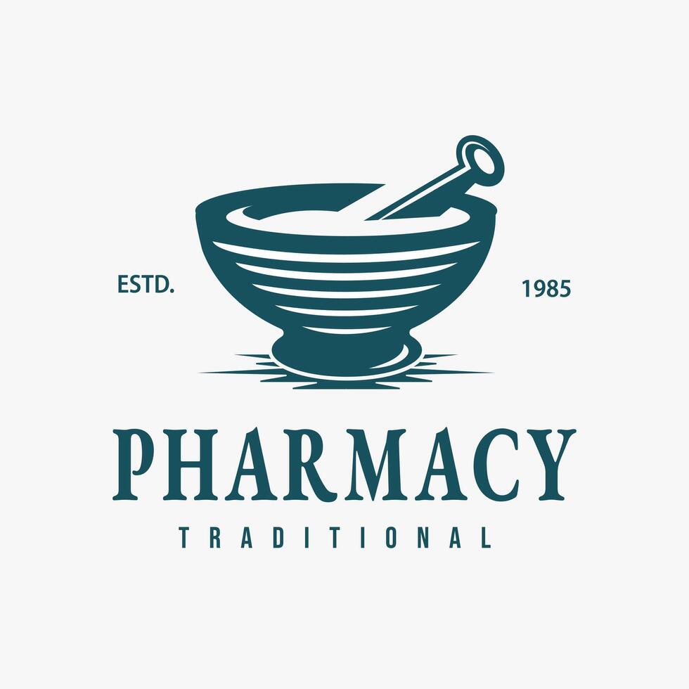 Classic Vintage Retro Style Pharmacy Design with Bowl and Traditional Mashing Tools Icons Premium Pharmacy Design Illustration vector