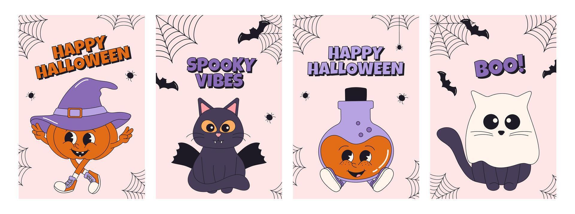 Collection of groovy posters and cards with spooky Halloween characters. Retro cartoon set. Posters with lettering and phrases. vector