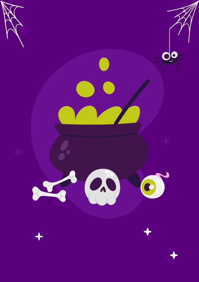 Halloween cauldron with skulls and bones on purple background vector