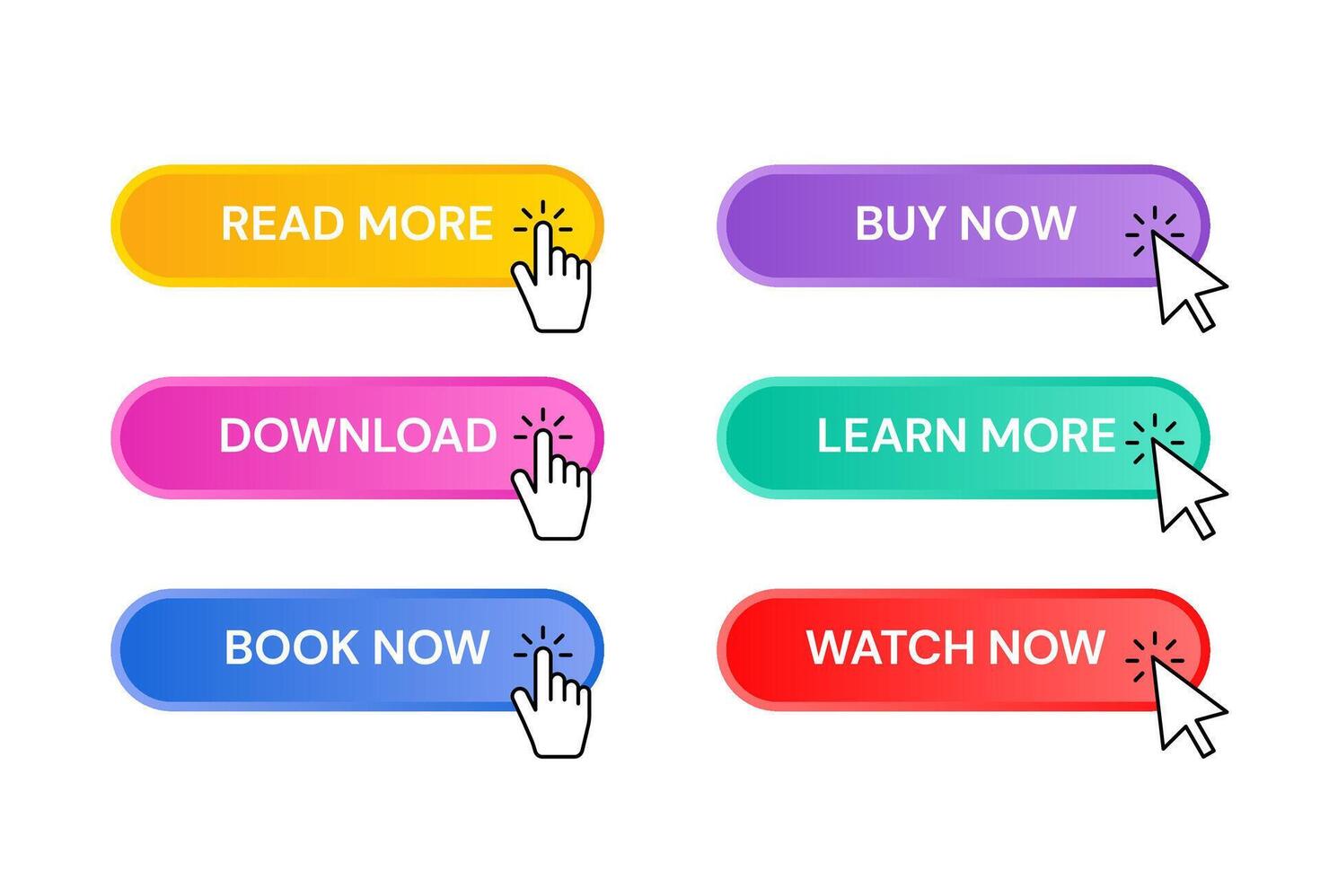 Set of colorful buttons with hand cursor and arrows. Read more. Download. Order now. Buy now. Learn more. Watch now. Element for web design vector