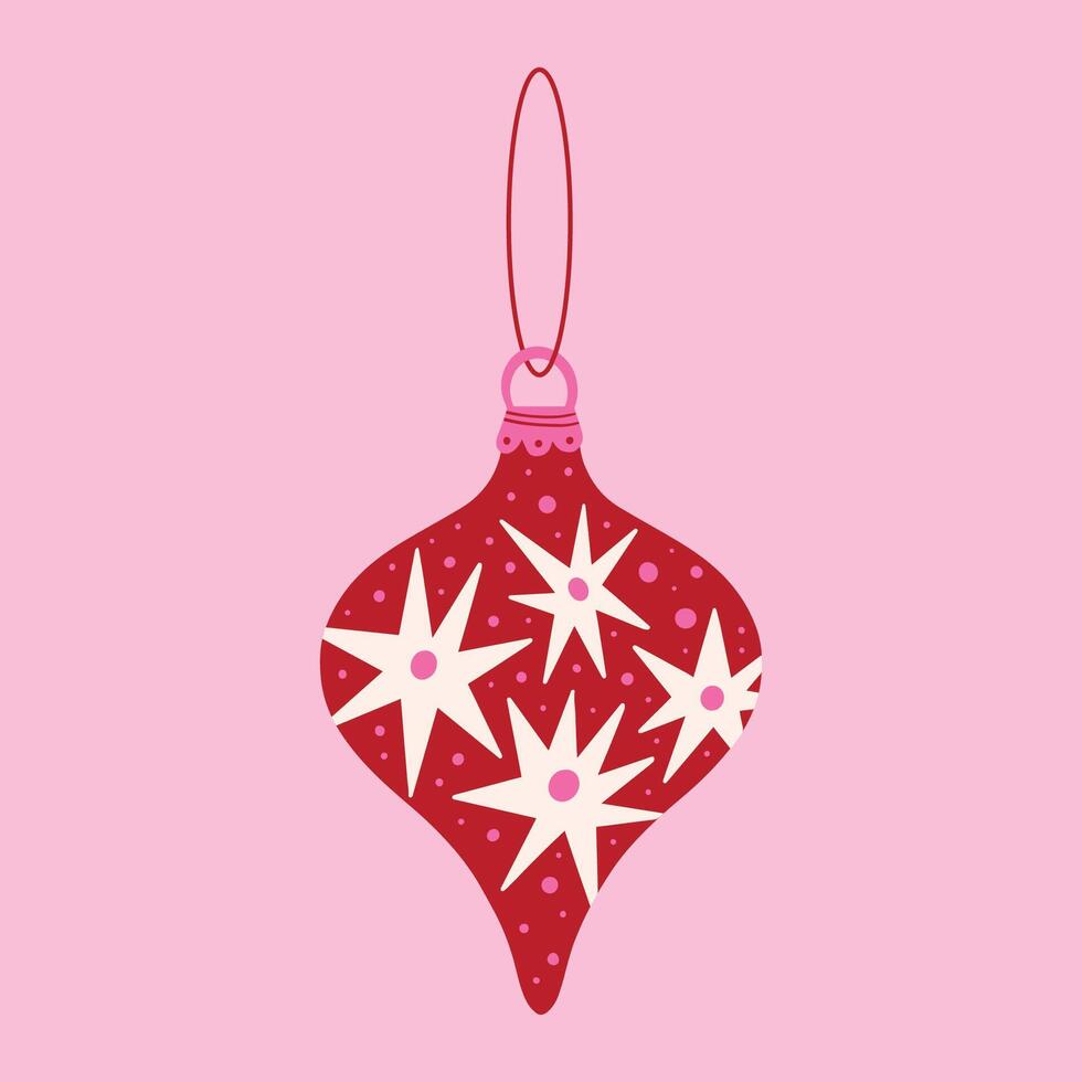 Christmas ornament with stars illustration element for tree. Pink and red Xmas ball, bauble, hanging toy hand drawn illustration. Winter holiday season decoration sticker vector