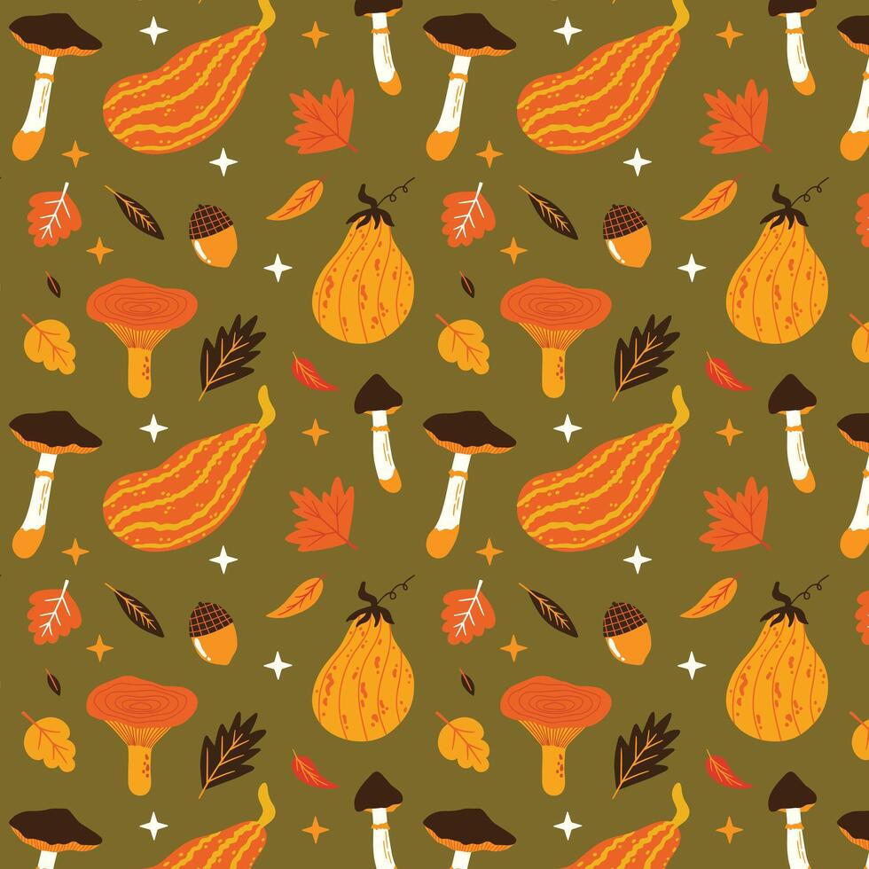 Seamless autumn pattern design with pumpkins, mushrooms, leaves, fungi, leaf elements. Fall season illustration for wrapping paper, fabric, background, wallpaper vector