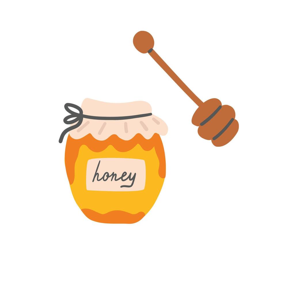 Honey jar with wooden drizzler. illustration in flat style vector