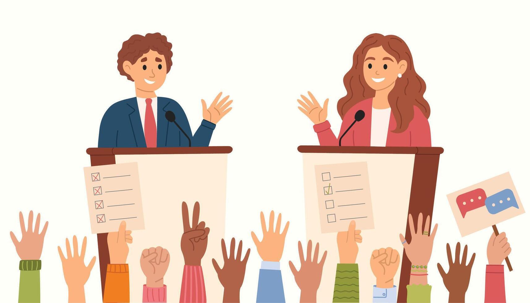 Man and woman speaking from tribune. Debate. Male and female characters speaking from tribunes. Demonstration, conference, meeting, voting. illustration vector