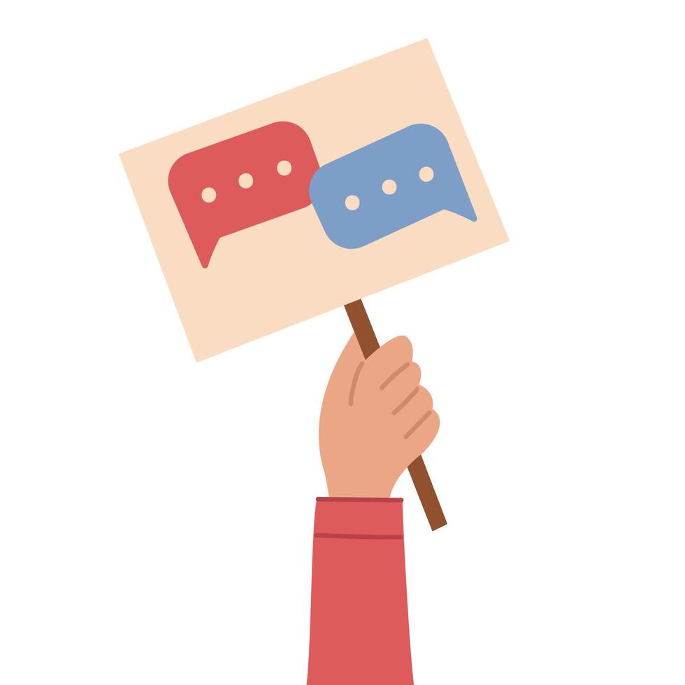 Hand holding a placard with speech bubbles. illustration in flat style. vector