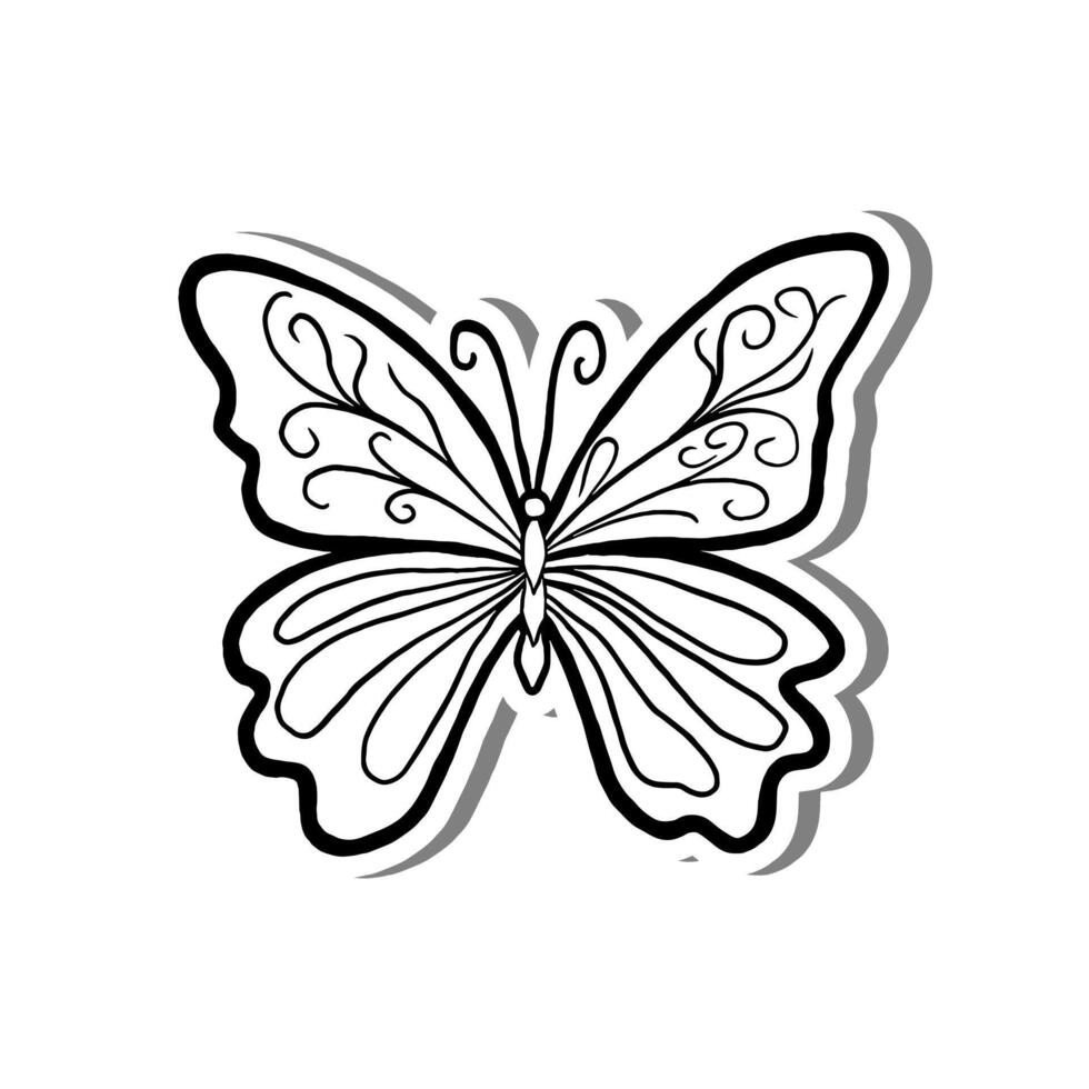 Beautiful Butterfly on white silhouette and gray shadow. Hand drawn cartoon style. illustration for decorate and any design. vector
