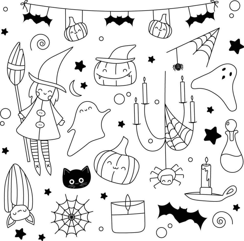 Set of Halloween elements, simple doodle elements. Can be used for color book, stickers. vector