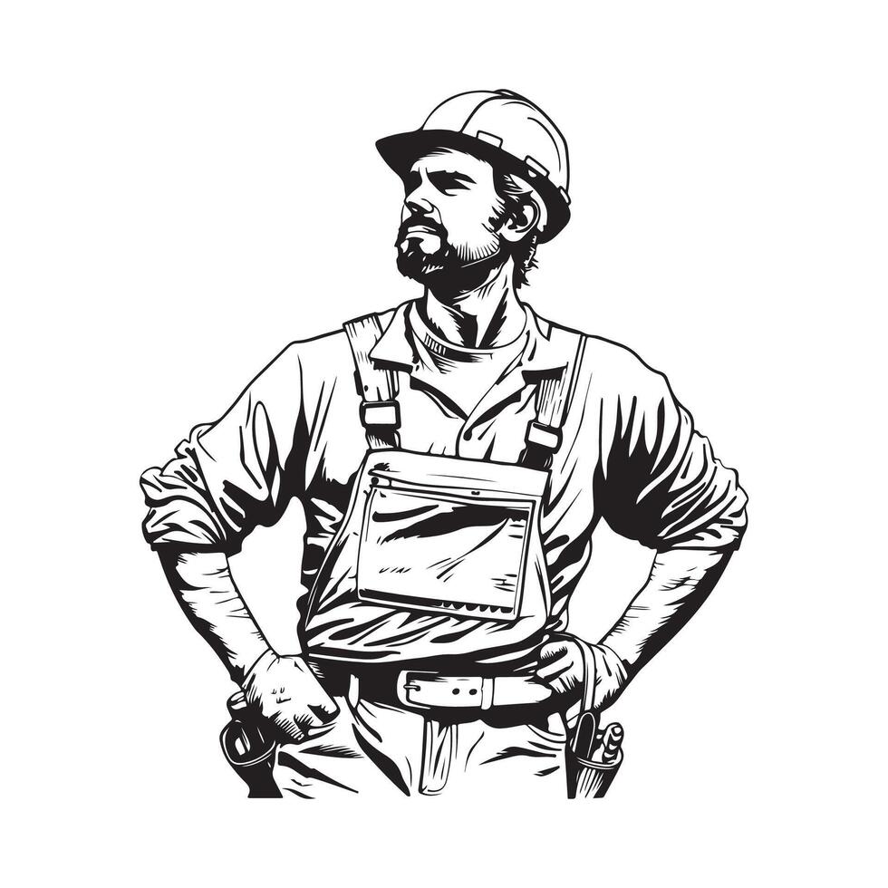 A black and white drawing of a man in overalls vector