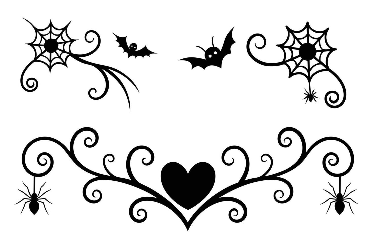 Halloween bat spider web with hearts swirls vector