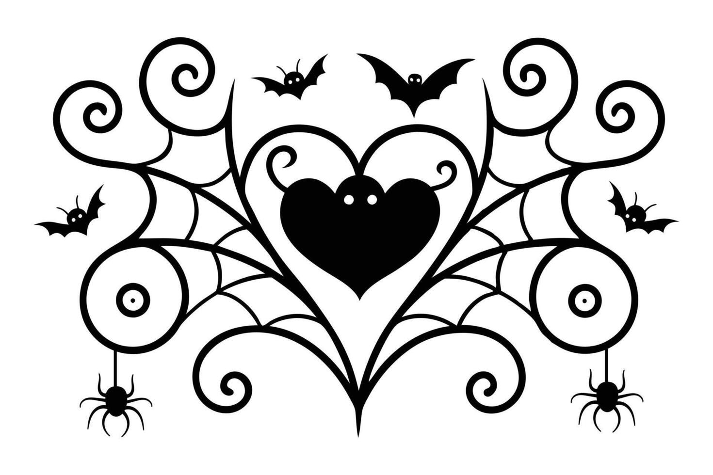 Halloween spider web with heart and bats vector