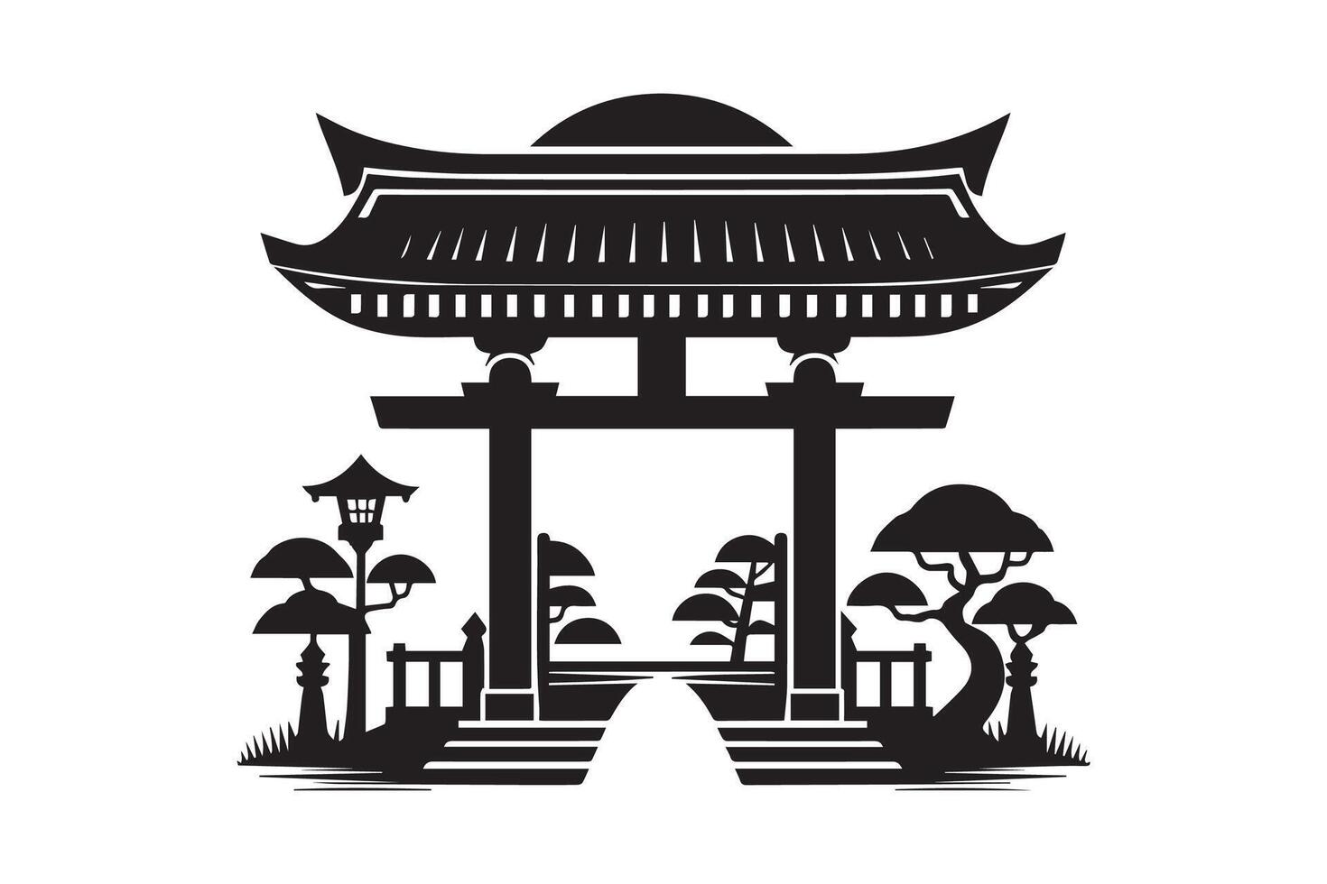 Japanese gate with trees and pagoda vector