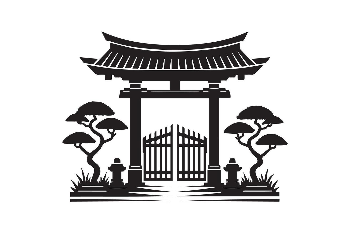 Japanese gate with trees and gate illustration vector