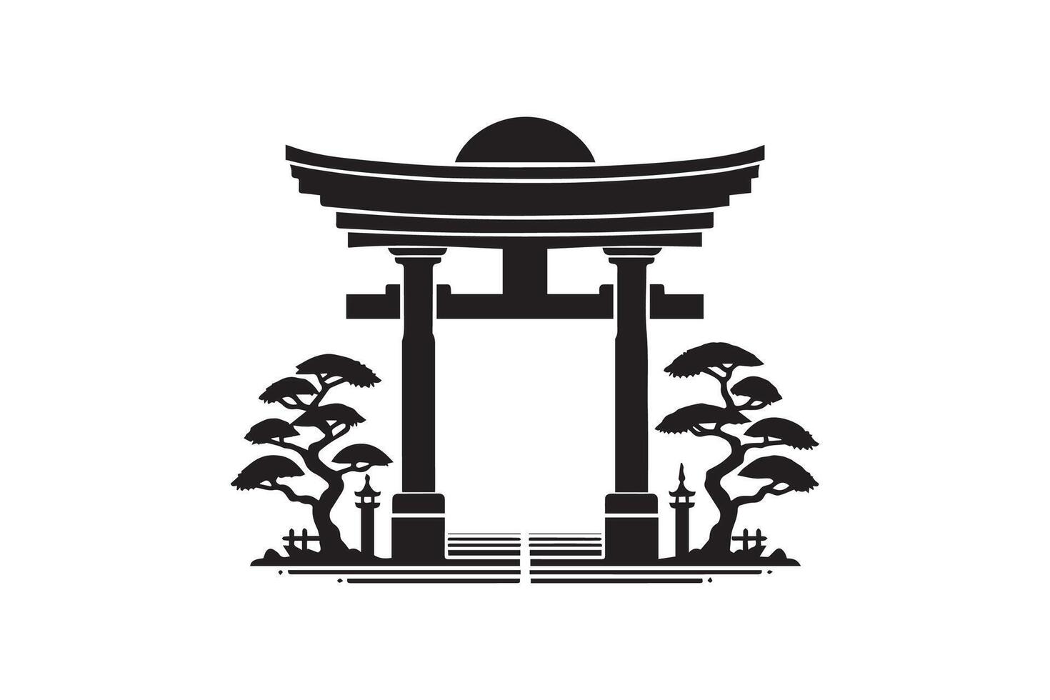 Japanese gate with trees and pagoda vector
