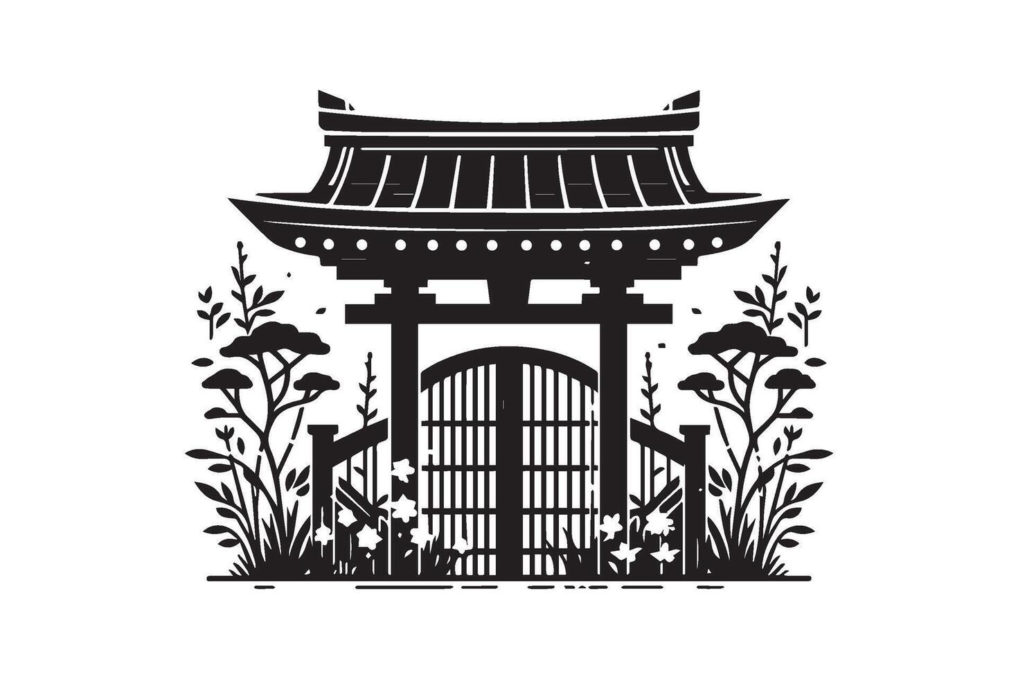 Japanese gate with flowers and plants vector