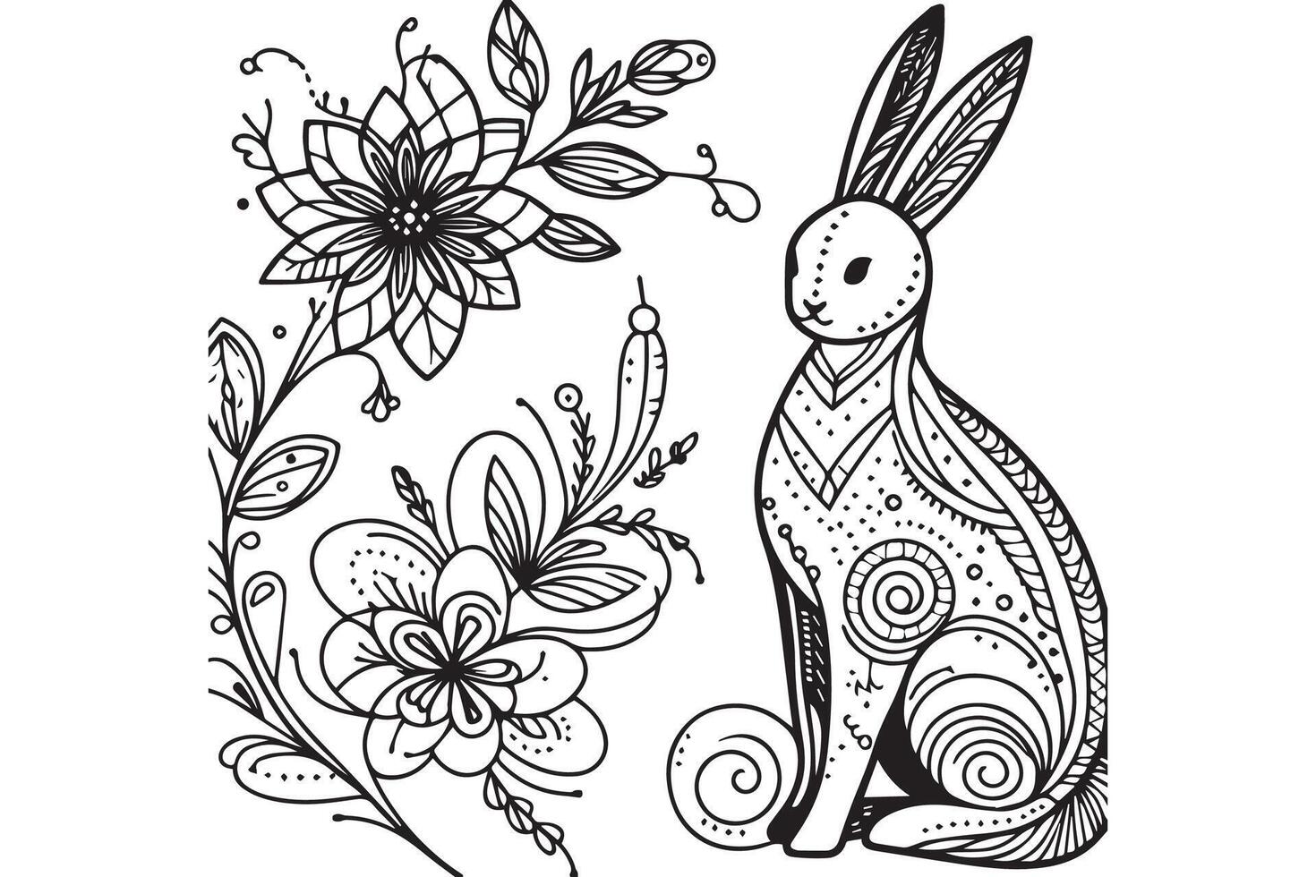 A rabbit and flowers coloring page vector