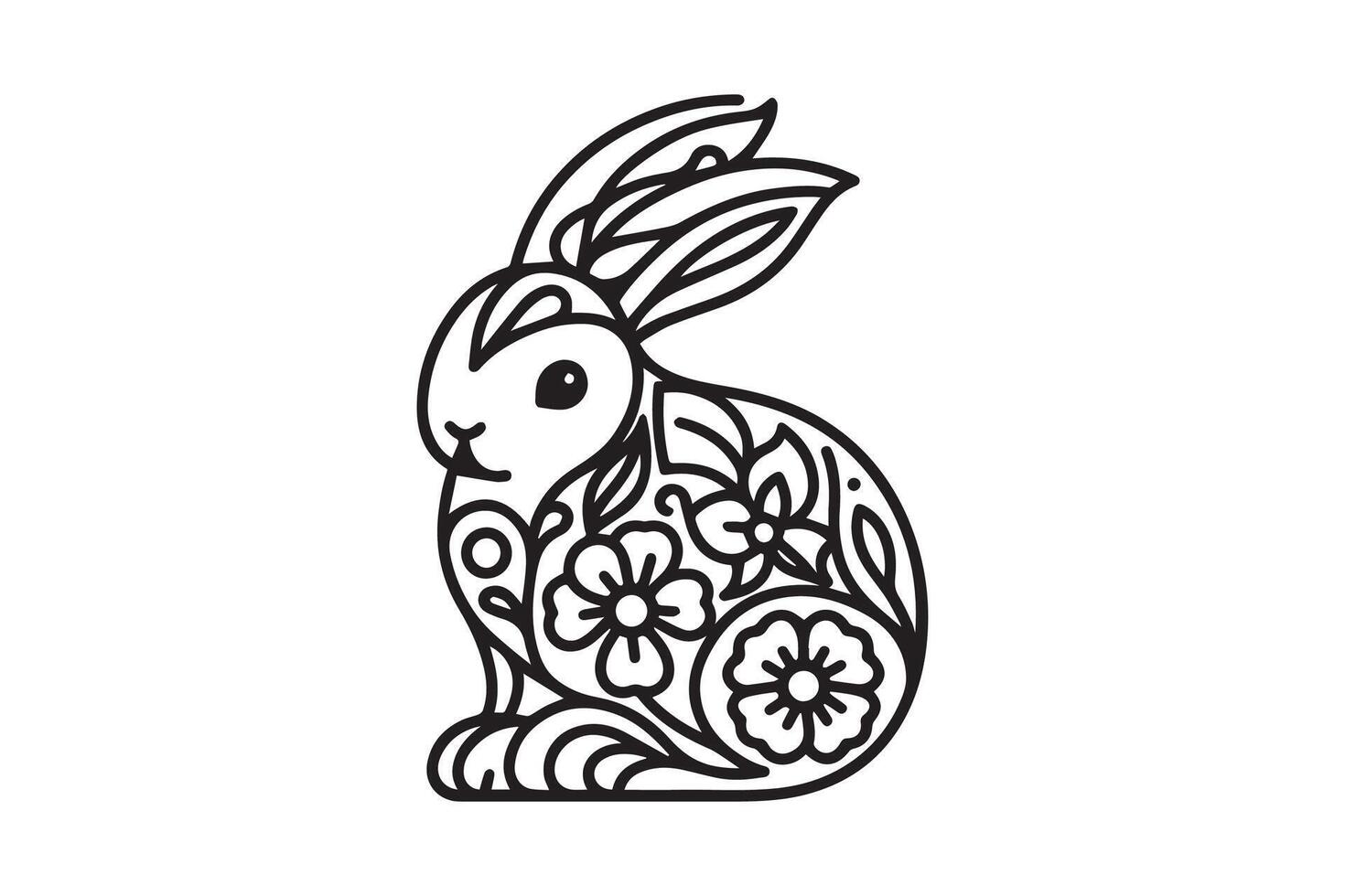 A black and white drawing of a rabbit with flowers vector