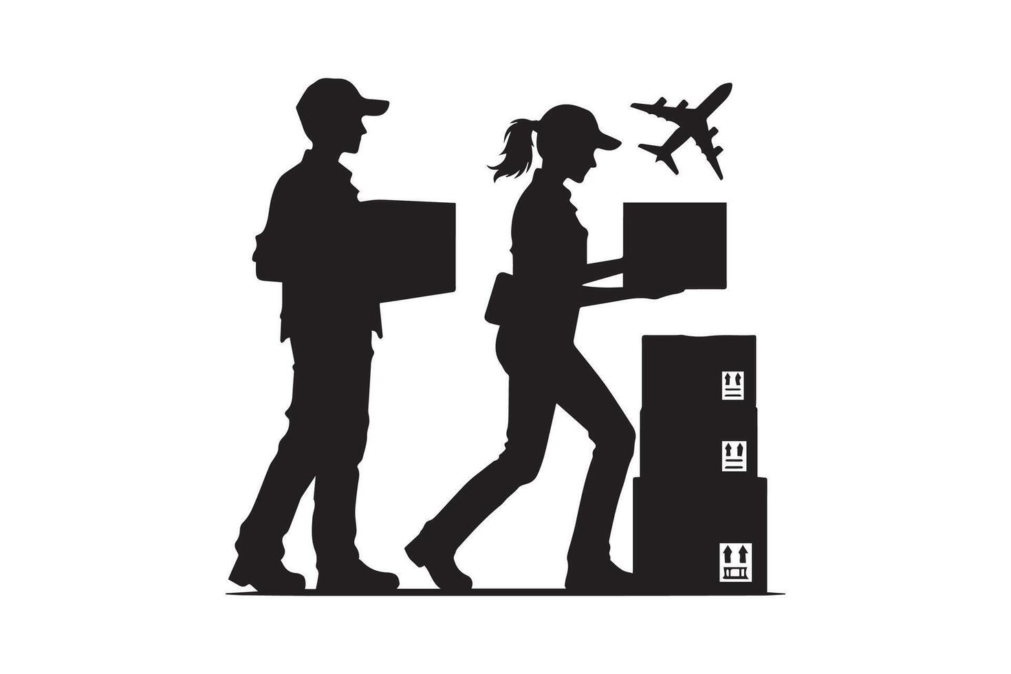 A silhouette of two people carrying boxes and a plane vector