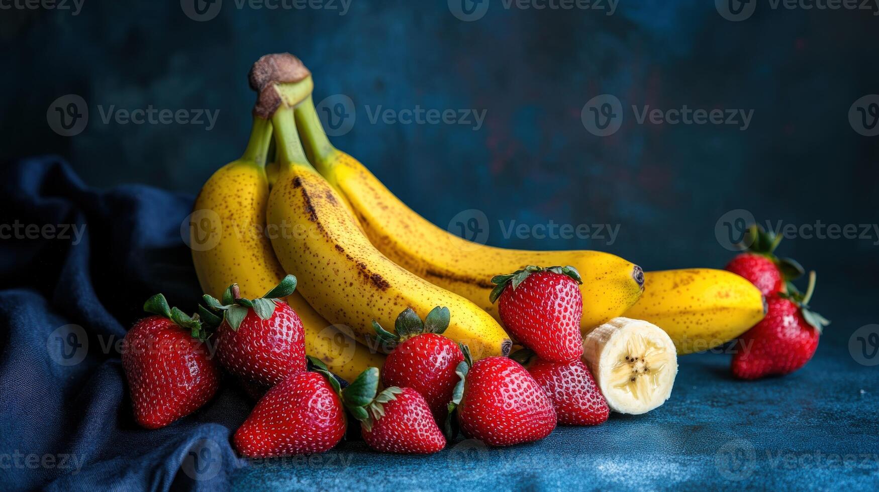 Fresh bananas and strawberries arranged on a dark blue surface photo