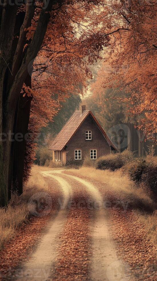 Charming rural cottage surrounded by colorful autumn foliage photo