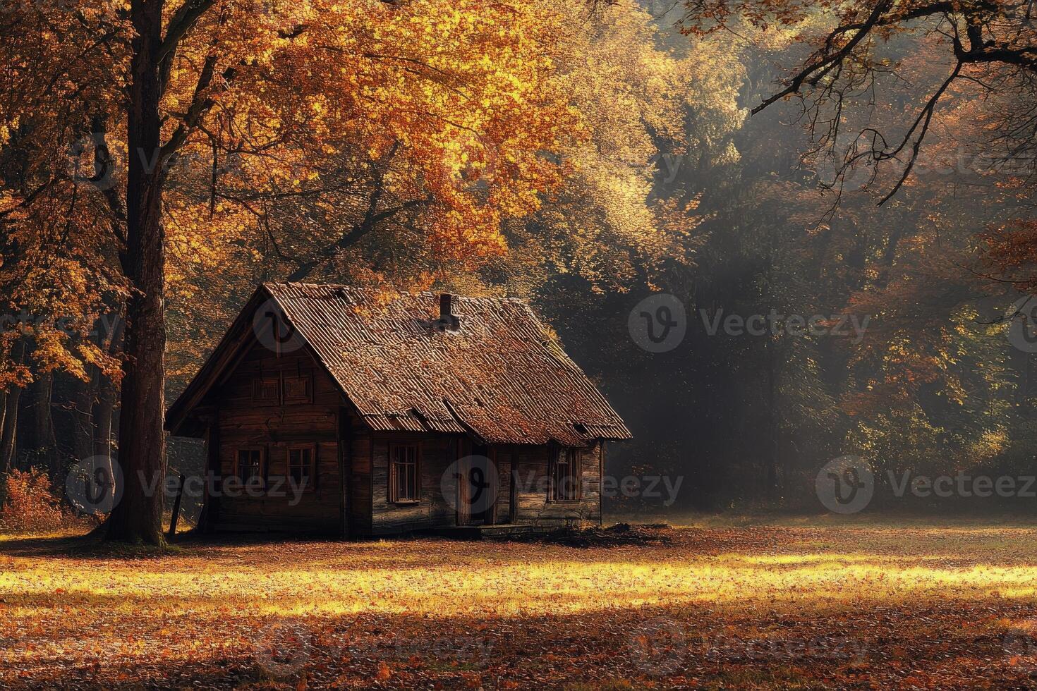 A rustic cabin stands alone in the heart of an autumn landscape photo
