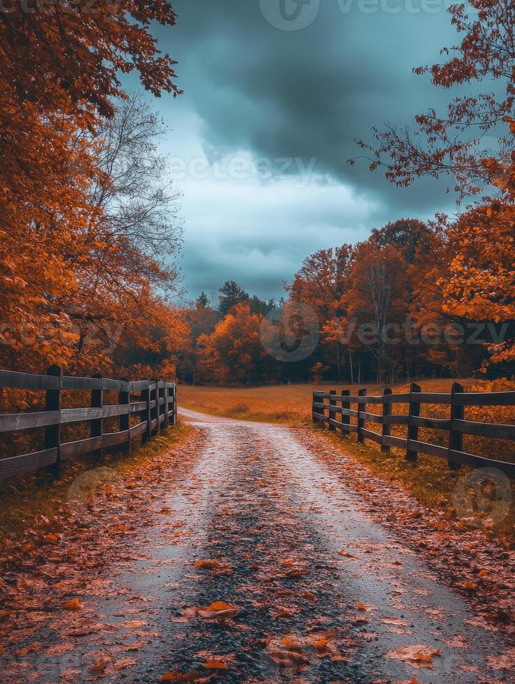 Autumn rural pathway surrounded by trees and colorful foliage photo