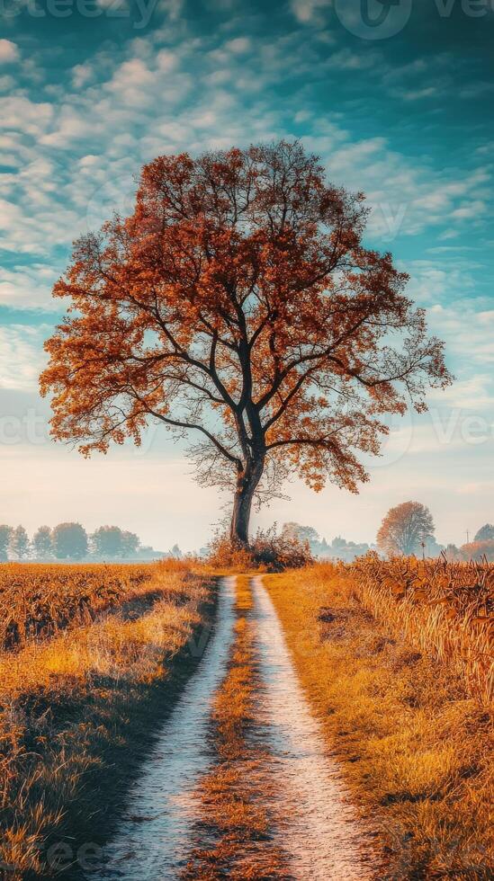 Autumn landscape with a lone tree and winding path photo