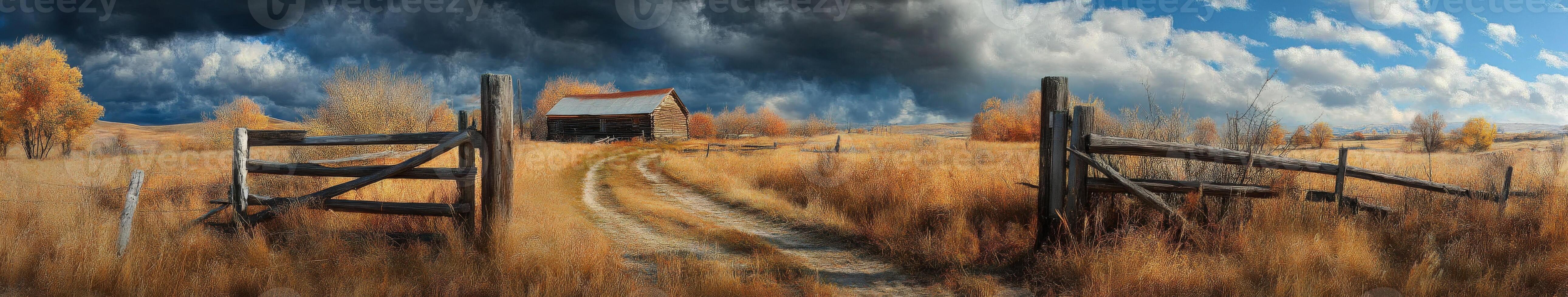 Autumn rural landscape with a winding dirt road and rustic barn photo