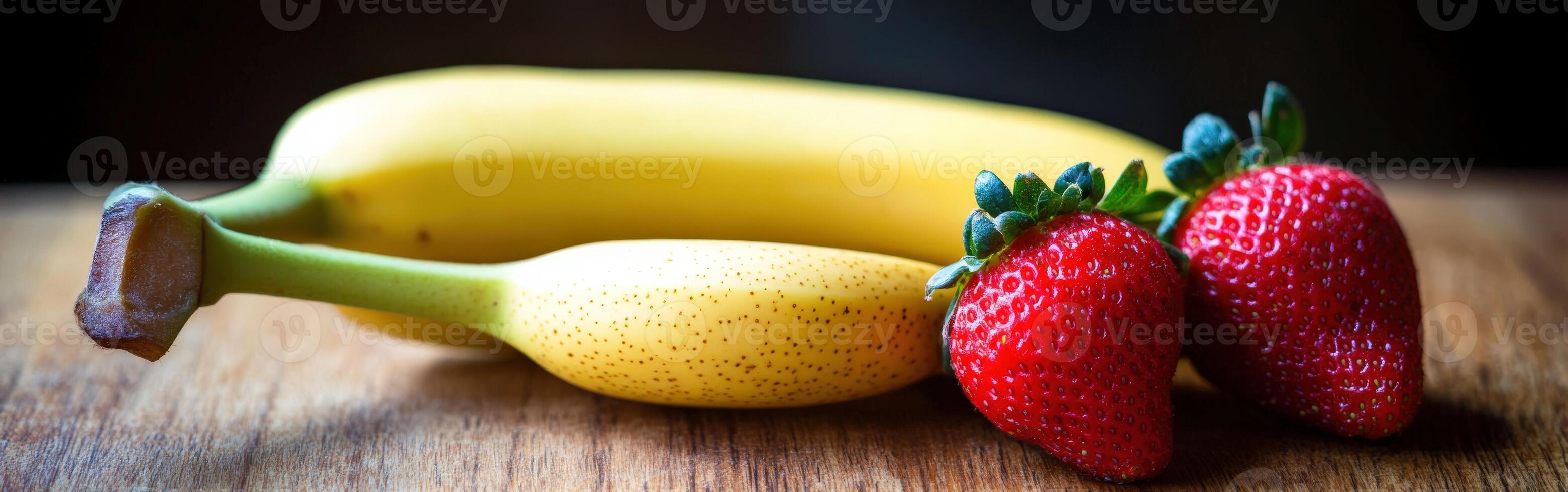 Fresh bananas and strawberries arranged on a wooden table photo