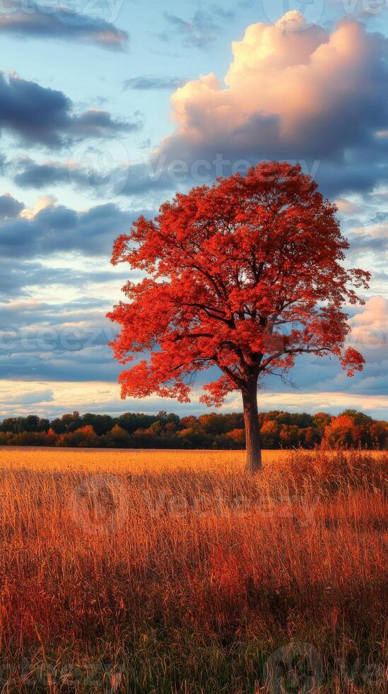 Vibrant autumn landscape featuring a majestic red tree in rural fields photo