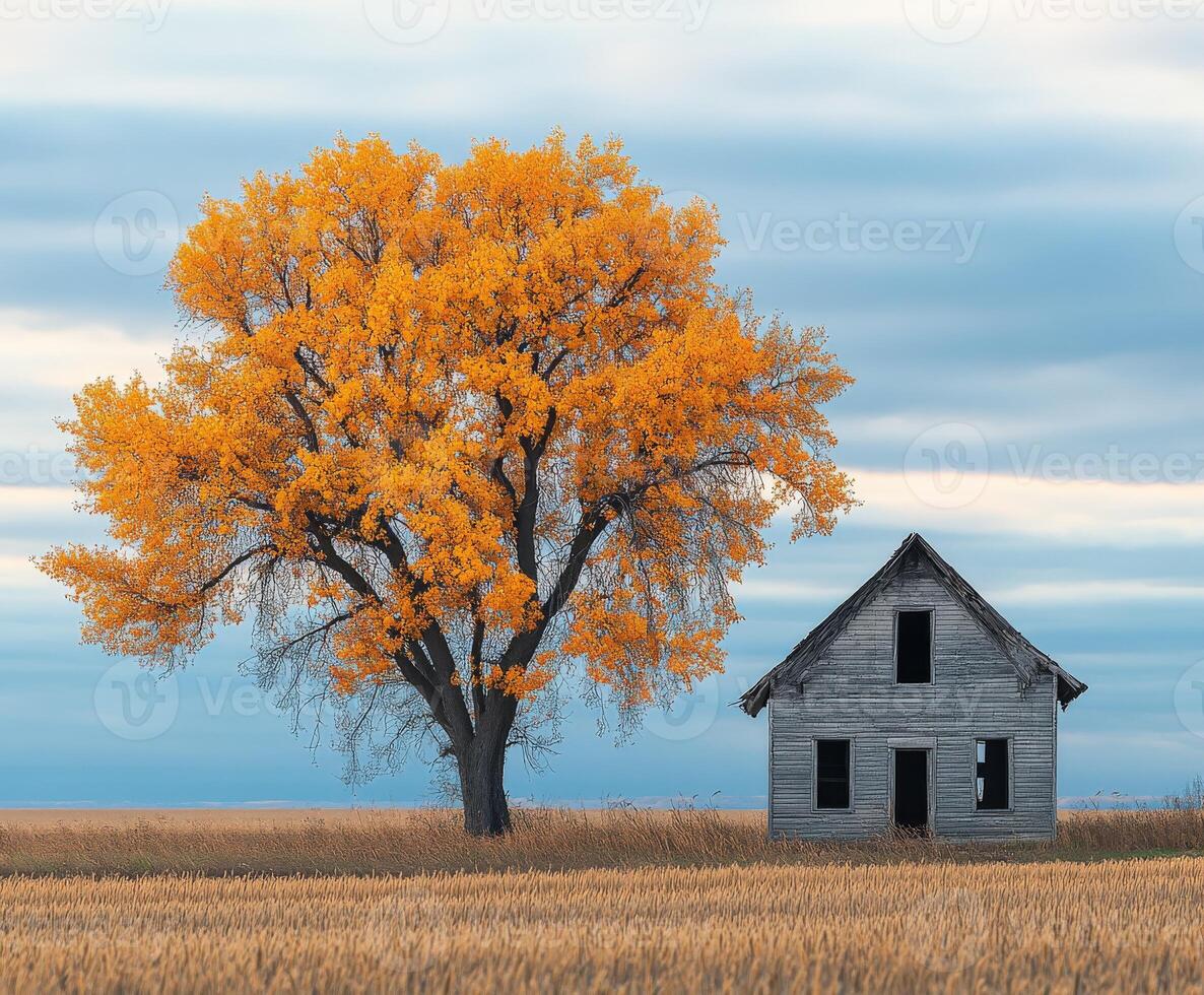 Charming autumn landscape with a golden tree by a weathered farmhouse photo