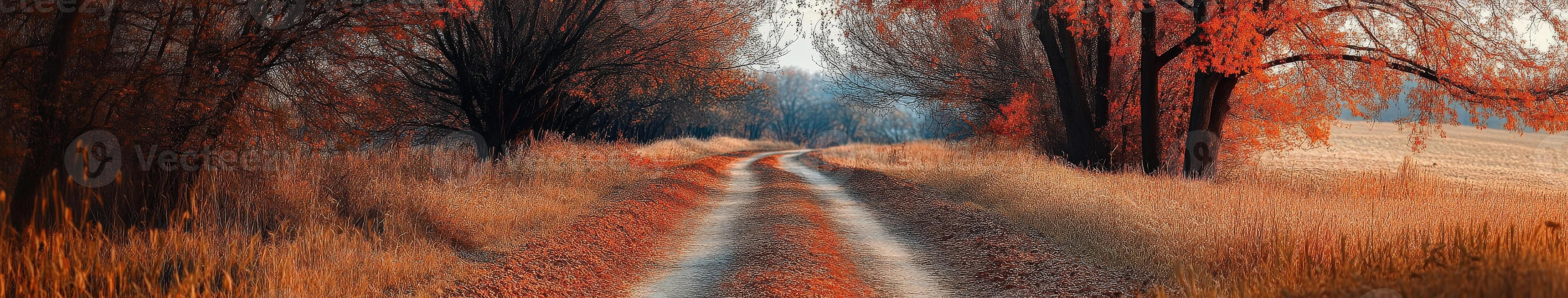 Winding dirt road through colorful autumn foliage in rural countryside photo