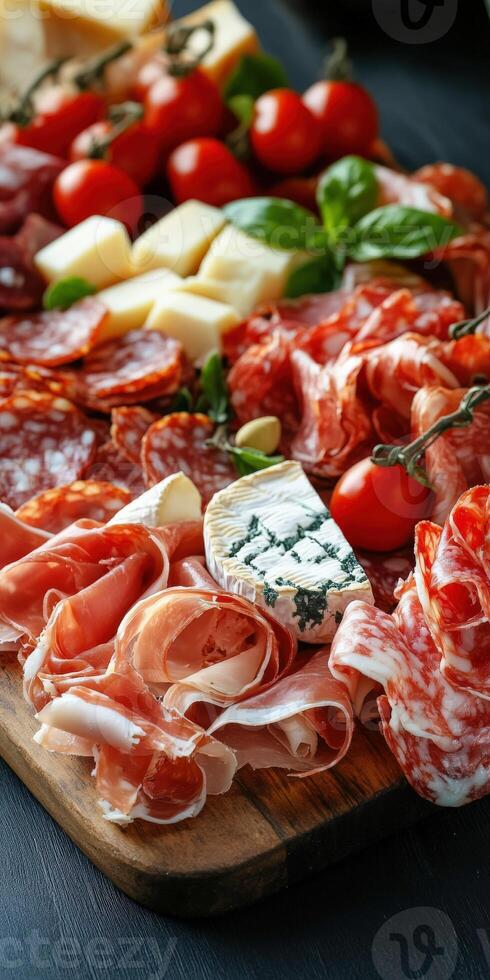 A colorful charcuterie board with assorted meats, cheese, and tomatoes photo