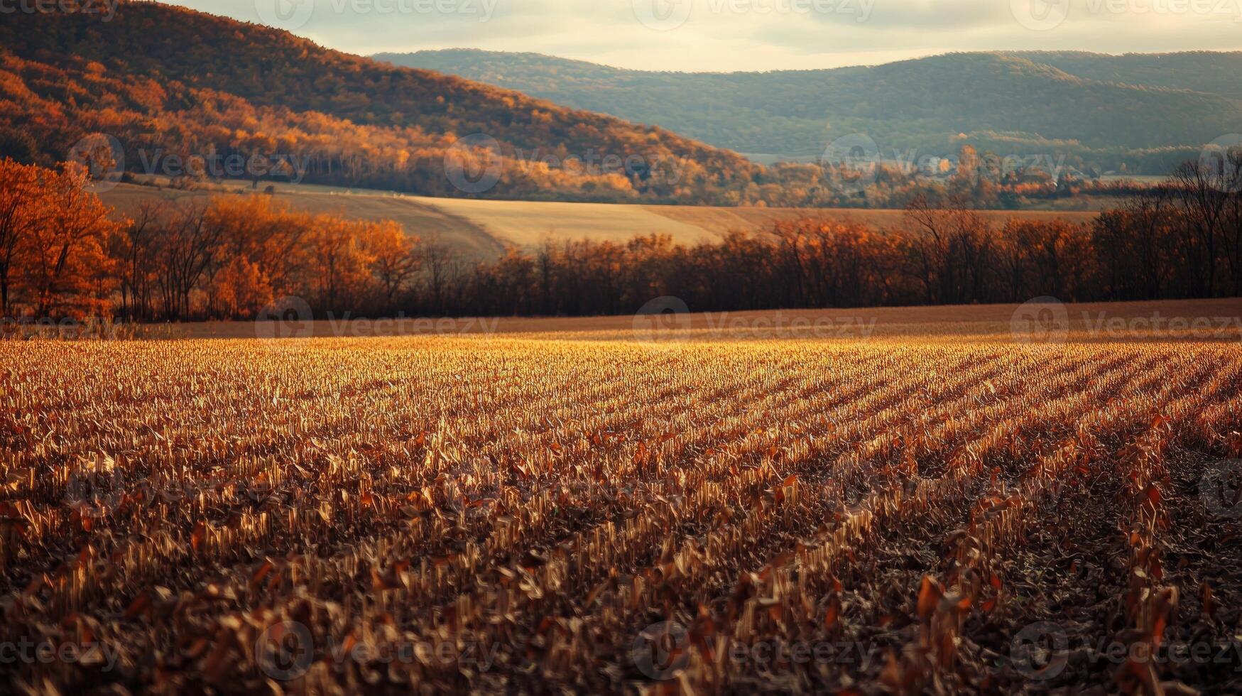 Autumn countryside landscape with golden fields and distant mountains photo