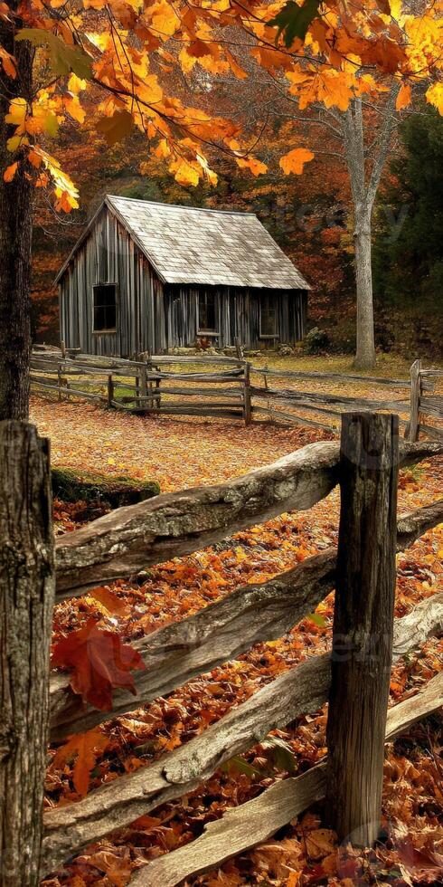 Charming autumn landscape with a rustic cabin surrounded by colorful leaves photo